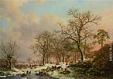 Frederik Marianus Kruseman Wall Art - Wood gatherers in a winter landscape with a castle beyond